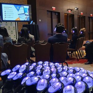 Funders Forum Demos with silent disco headphones Sound Off headphones uses for demos at the Funders Forum and Brokers Expo